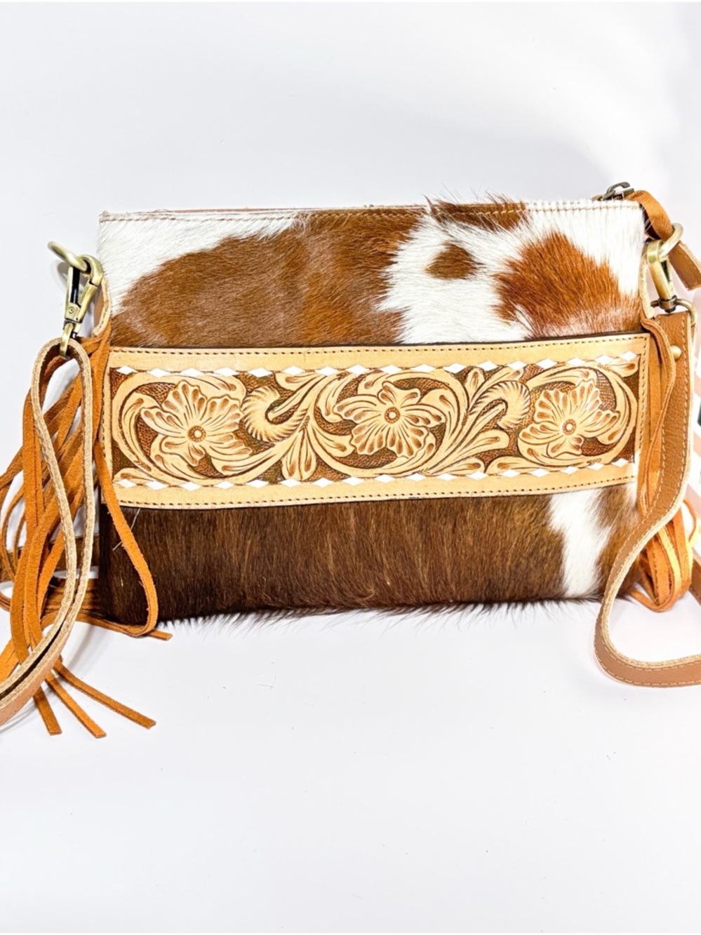 Western Cowhide & Tooled Leather Fringe Crossbody Bag - Picture 2 of 4